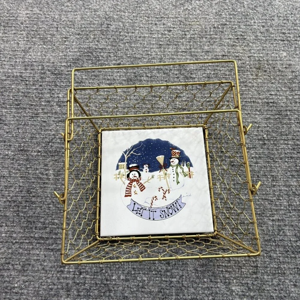 Christmas Basket Gold Wire Snowmen Bottom Tile Let It Snow Holiday Y2K Farmhouse